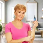 Happy woman holding a bottle of DentiCore , sharing a positive review with a cheerful expression, reflecting her satisfaction with the product's natural ingredients and Nerve support support benefits.